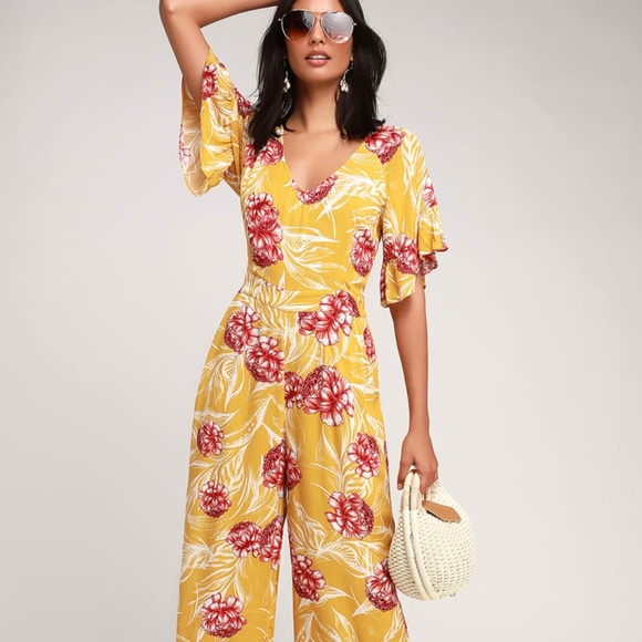 Lulus Flounce Sleeve Jumpsuit Yellow Floral Small